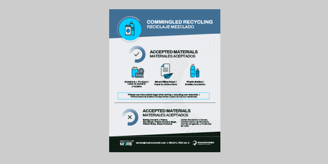 Commingled Recycling - No Glass label in the bilingual languages of English and Spanish