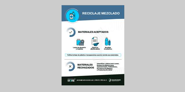 Commingled Recycling - No Glass label in the Spanish language